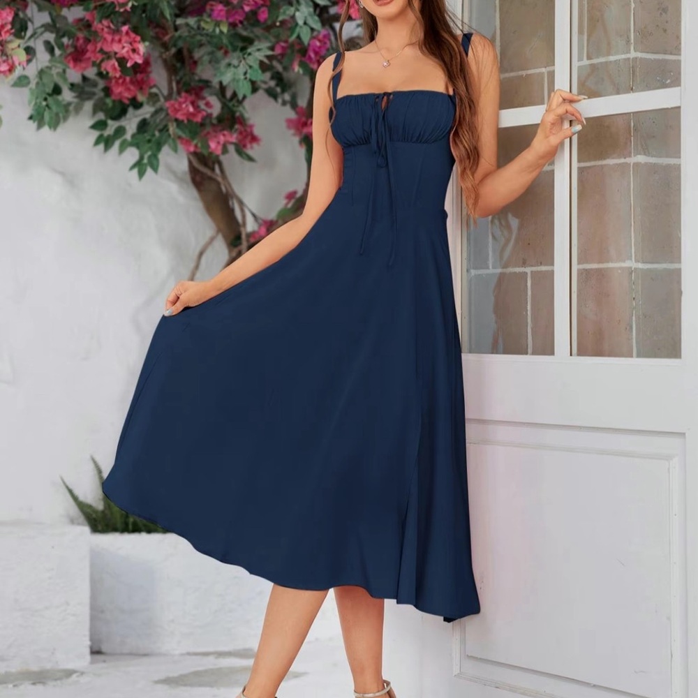 Elegant Navy Blue Women's Dress - Corset Back